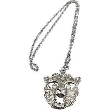 Vintage Lion Dangling Rhinestone Silver Pendant N… - image 1