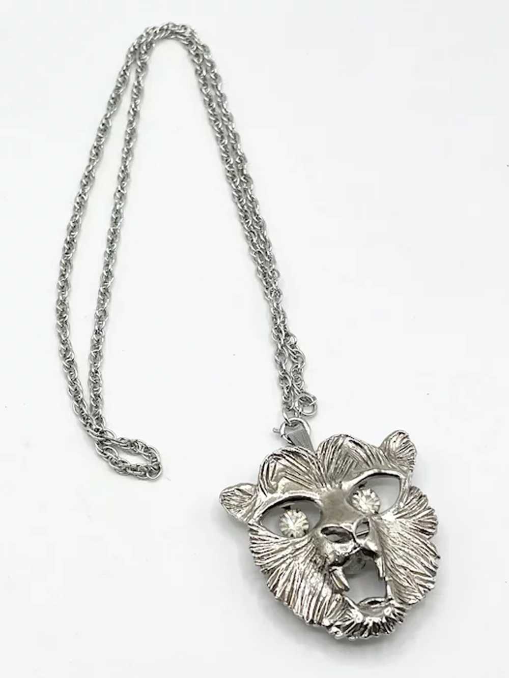 Vintage Lion Dangling Rhinestone Silver Pendant N… - image 2