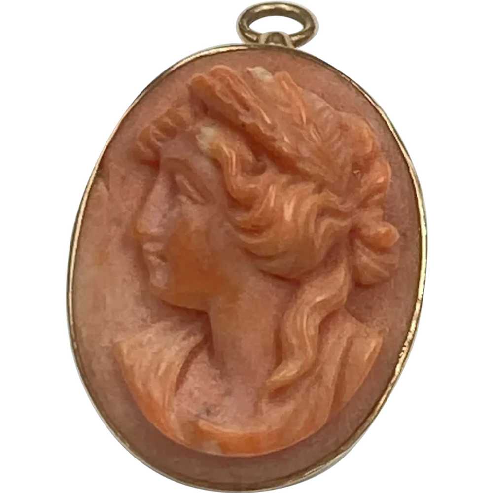 Victorian Carved Coral Cameo Pendant 14K Gold - image 1