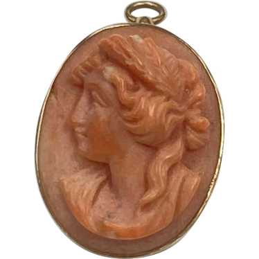 Victorian Carved Coral Cameo Pendant 14K Gold - image 1