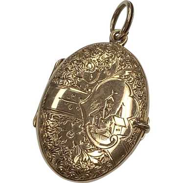 Victorian Oval Locket Pendant Hand Chased 14K Gold