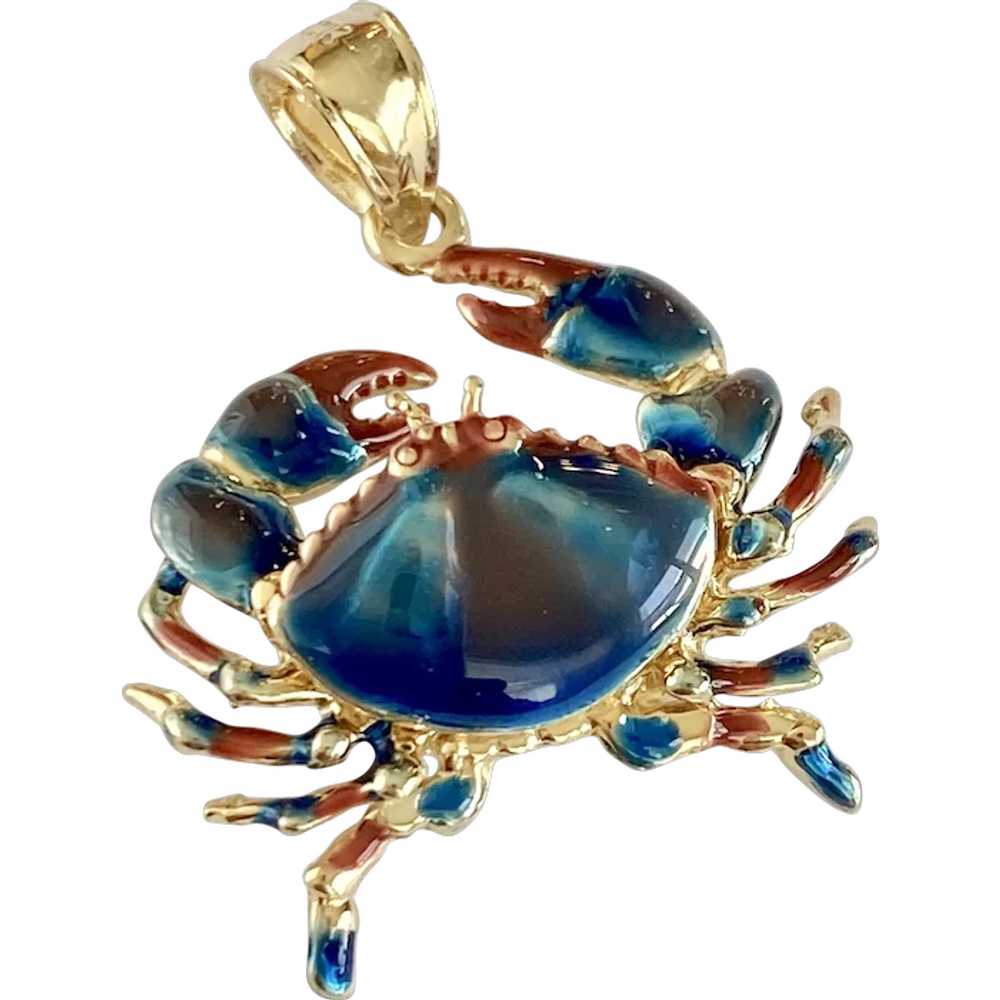 Blue Crab Vintage Charm/Pendant 14K Gold Colorful… - image 1