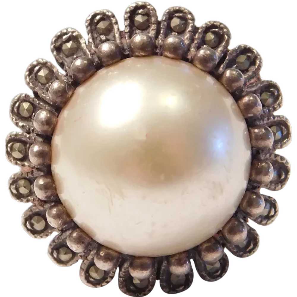 Big Faux Pearl and Marcasite Ring Sterling Silver - image 1