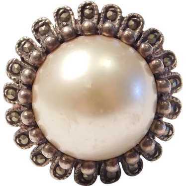 Big Faux Pearl and Marcasite Ring Sterling Silver