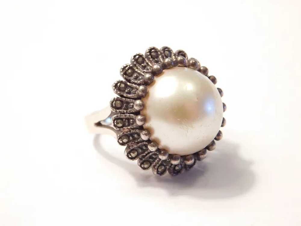 Big Faux Pearl and Marcasite Ring Sterling Silver - image 2