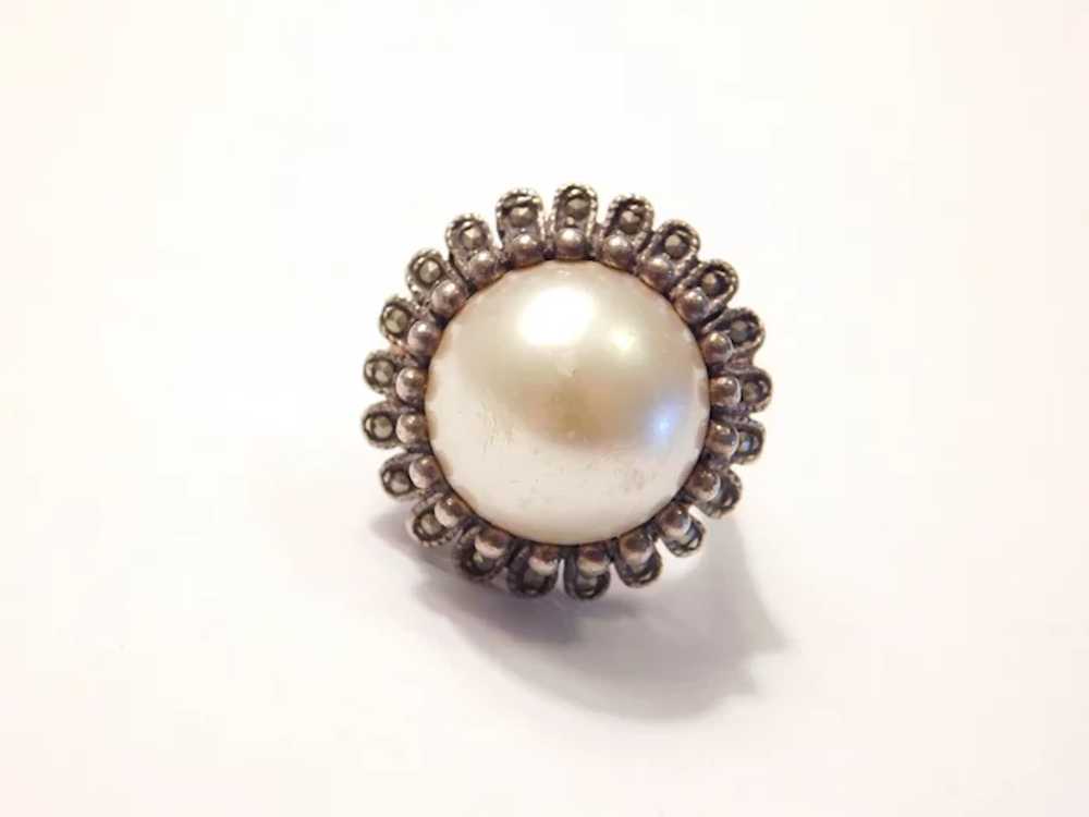 Big Faux Pearl and Marcasite Ring Sterling Silver - image 3