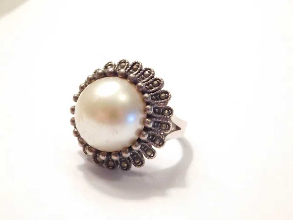 Big Faux Pearl and Marcasite Ring Sterling Silver - image 4