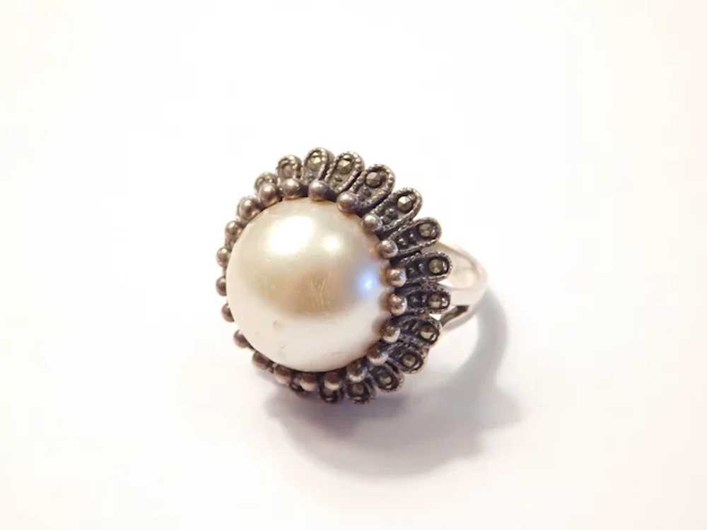 Big Faux Pearl and Marcasite Ring Sterling Silver - image 7