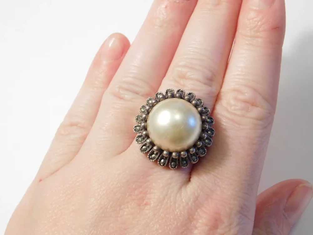 Big Faux Pearl and Marcasite Ring Sterling Silver - image 8