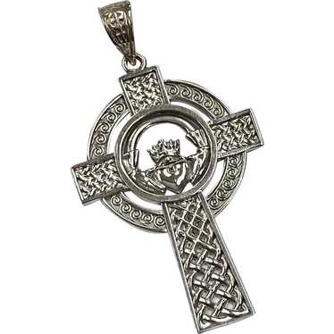 Celtic Claddagh Cross Pendant 14K White Gold