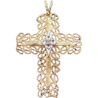 14k Gold Filigree Cross with Diamond Accent Pendan