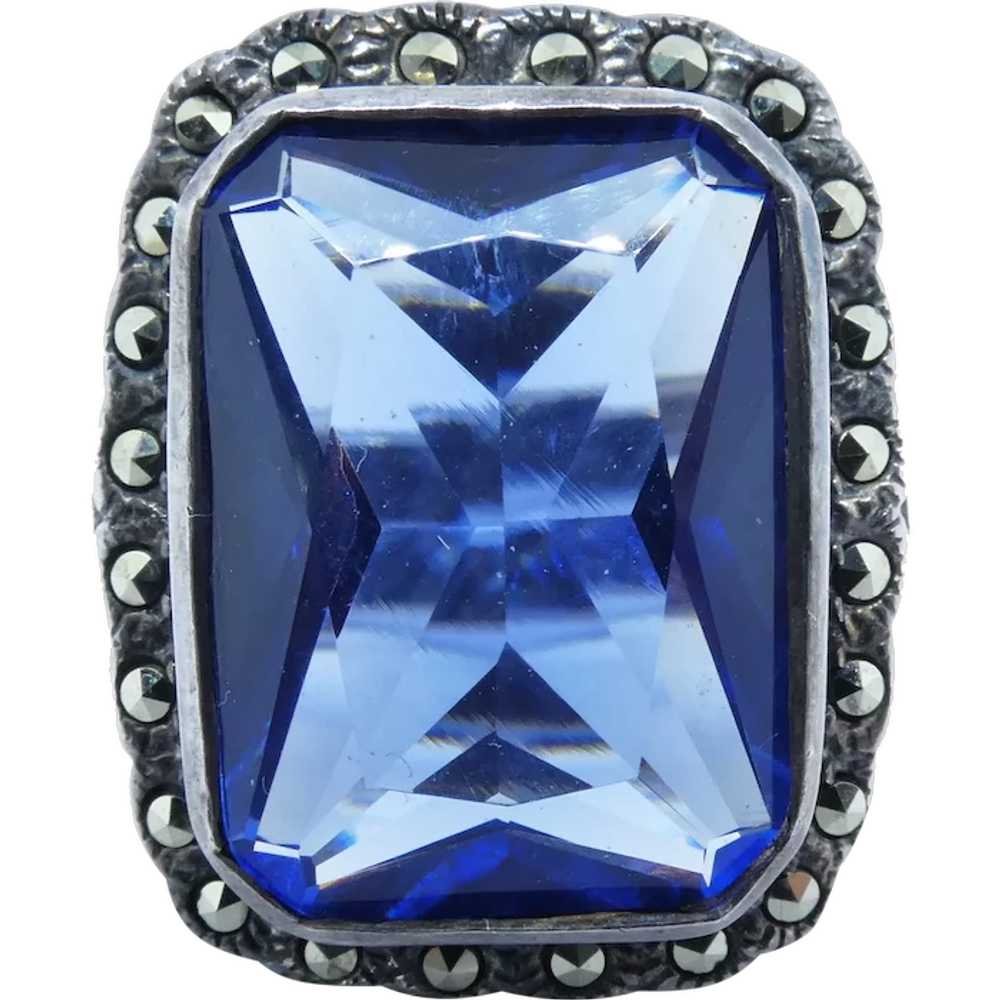 Vintage Sterling Silver Blue CZ and Marcasite Ring - image 1