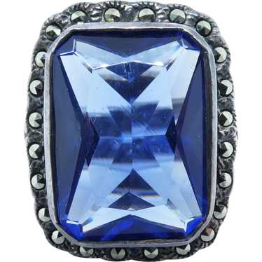 Vintage Sterling Silver Blue CZ and Marcasite Ring - image 1