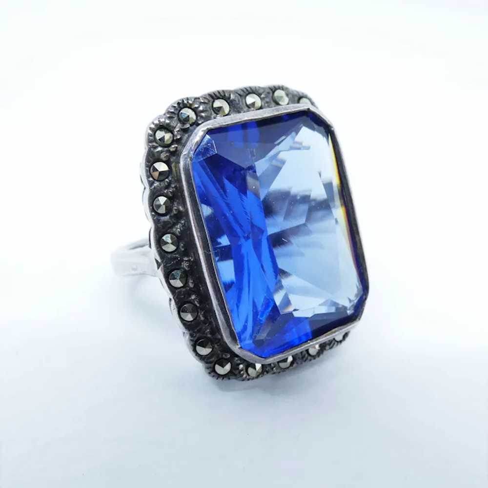 Vintage Sterling Silver Blue CZ and Marcasite Ring - image 2