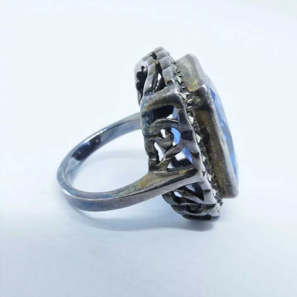 Vintage Sterling Silver Blue CZ and Marcasite Ring - image 3