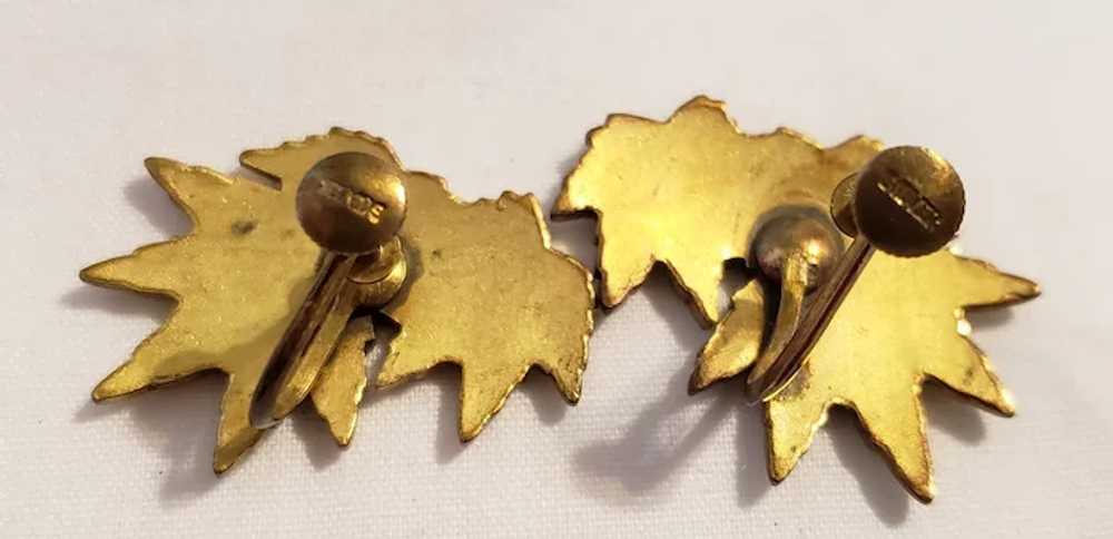 Vintage Enamel Leaves Set Earrings And Brooch - image 3