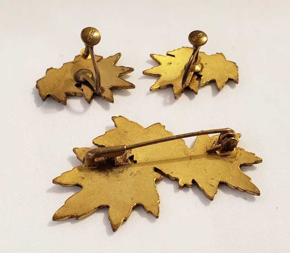 Vintage Enamel Leaves Set Earrings And Brooch - image 4