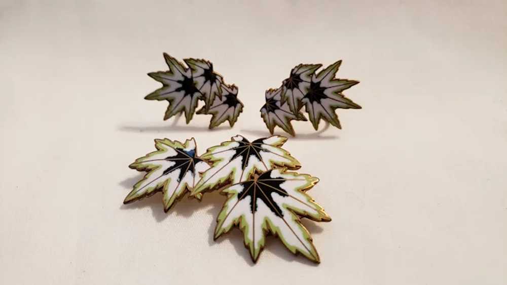 Vintage Enamel Leaves Set Earrings And Brooch - image 5