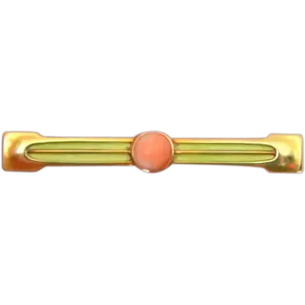 14 K GOLD Petite Enamel and Coral Bar Pin Brooch - image 1