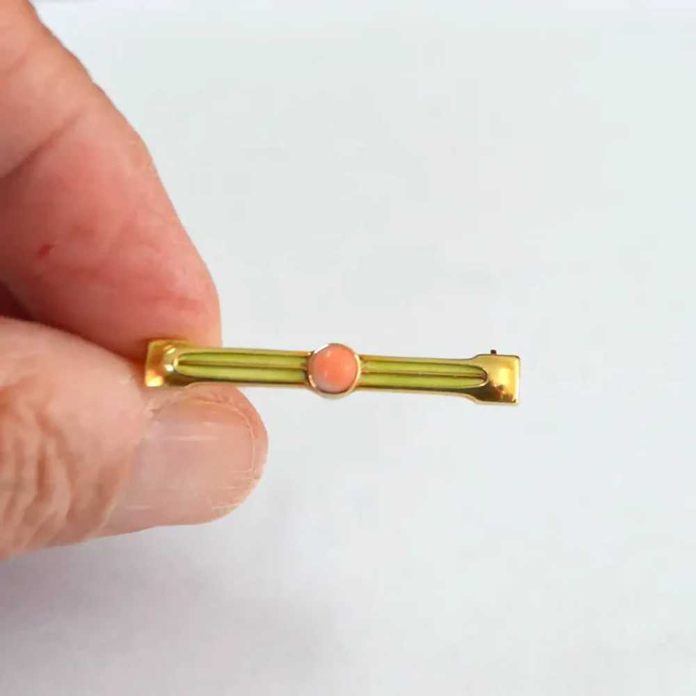 14 K GOLD Petite Enamel and Coral Bar Pin Brooch - image 2