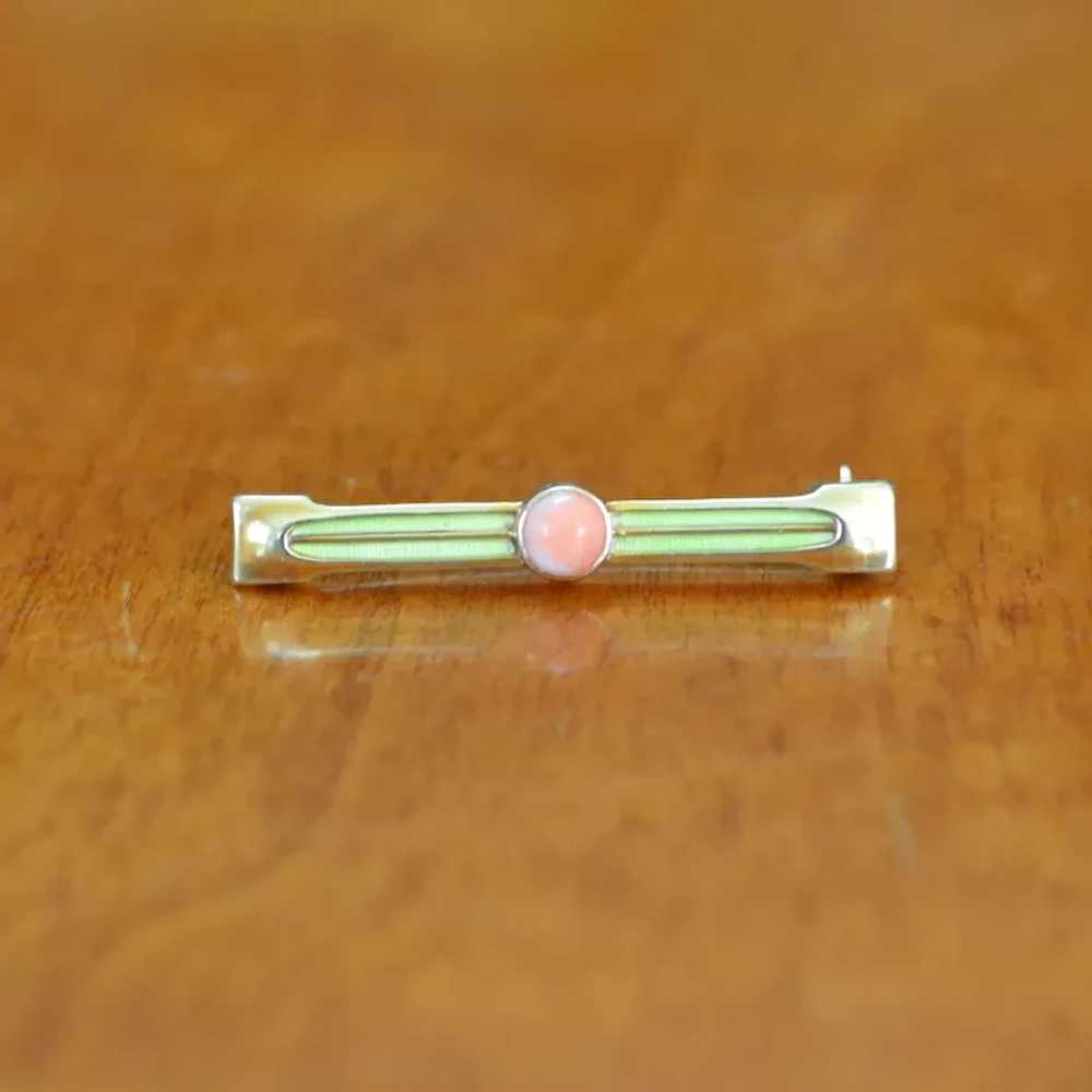 14 K GOLD Petite Enamel and Coral Bar Pin Brooch - image 3