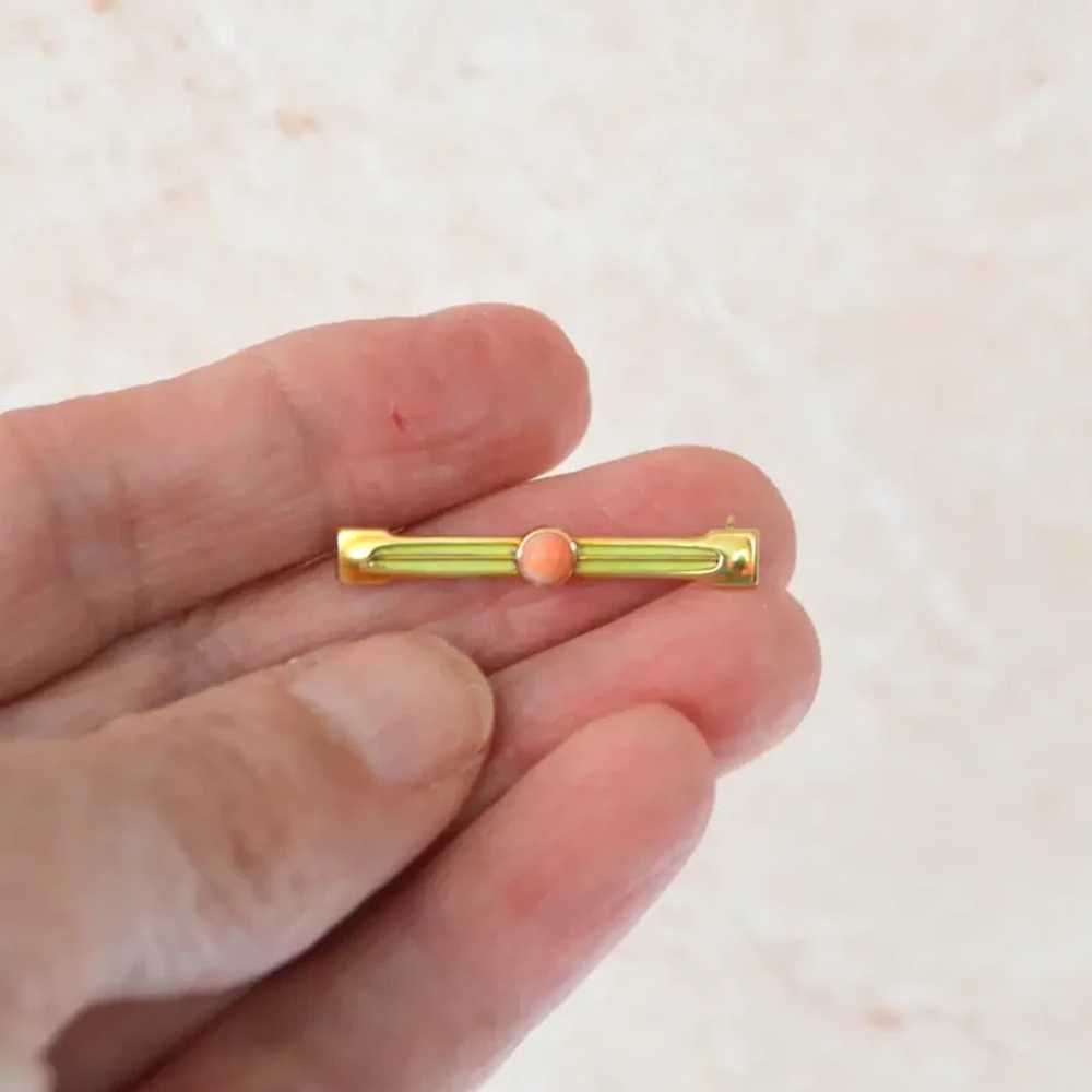 14 K GOLD Petite Enamel and Coral Bar Pin Brooch - image 7