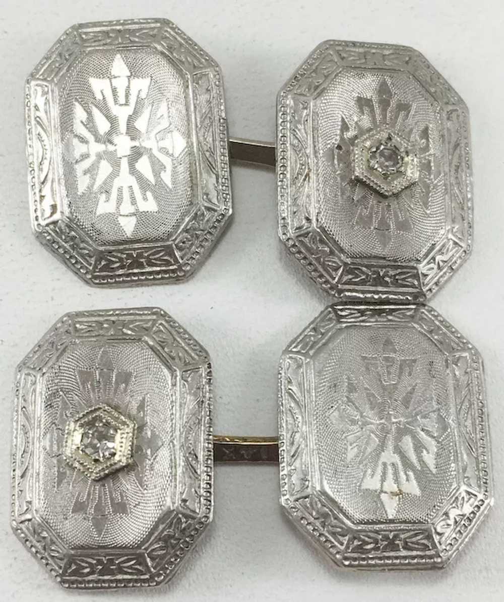 Art Deco 14K Gold & Diamond Cufflinks - image 2