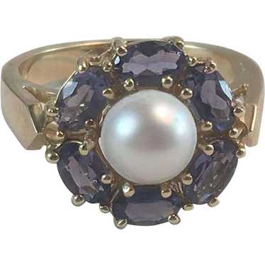 14K YG Tanzanite & Cultured Pearl Cocktail Ring S… - image 1