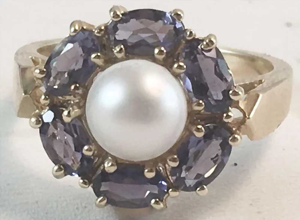 14K YG Tanzanite & Cultured Pearl Cocktail Ring S… - image 2
