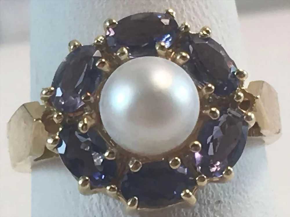 14K YG Tanzanite & Cultured Pearl Cocktail Ring S… - image 3