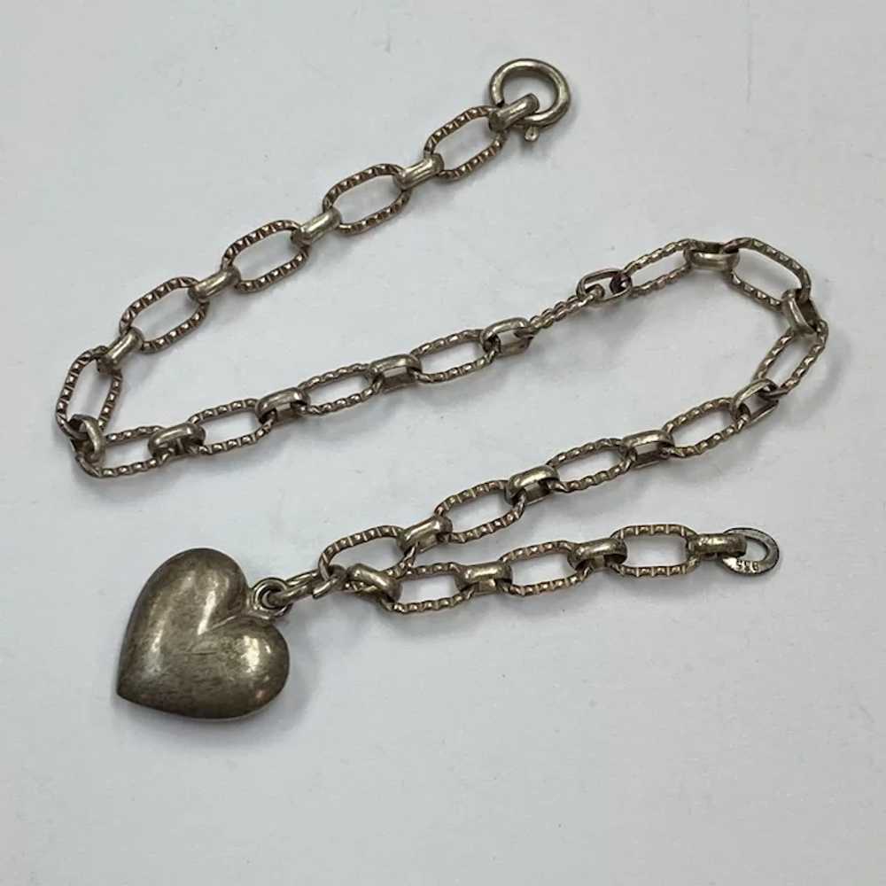 Vintage Bracelet with Puffy Heart Charm 835 Silver - image 2
