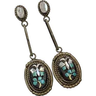 Zuni Handcrafted Long Dangle Earrings Sterling Si… - image 1