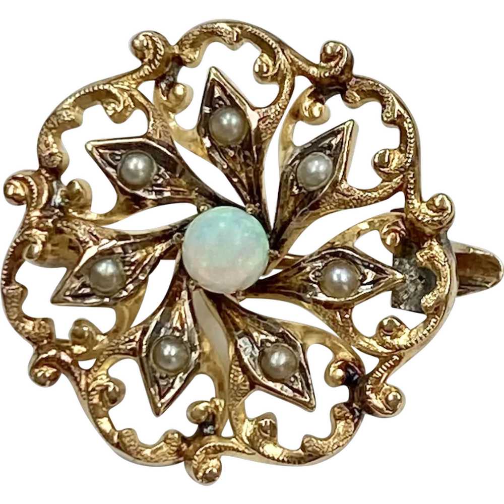 Petite Victorian Pin Opal & Seed Pearl 14K Gold - image 1