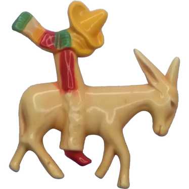 Early Plastic Pin Donkey & Sleeping Man Wearing a 