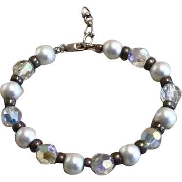 Sterling Silver Faceted Crystal Faux Pearl Handmad