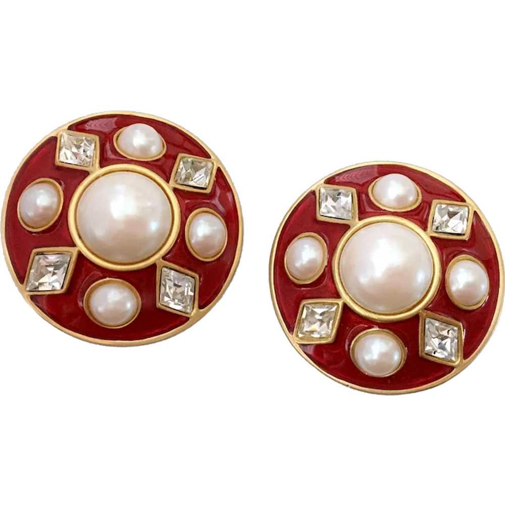 YSL Lookalike Guilloché Enamel Earrings with Faux… - image 1