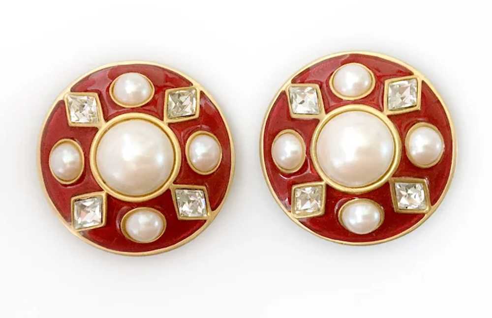 YSL Lookalike Guilloché Enamel Earrings with Faux… - image 3