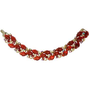 Lisner Red Lucite Leaves & Aurora Borealis Bracele