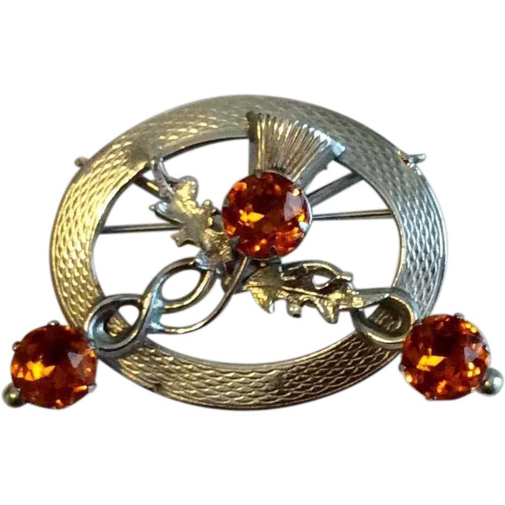 Vintage Silver Tone Metal Scottish Amber Rhinesto… - image 1