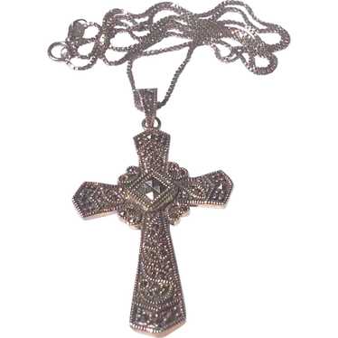 Sterling Ornate Marcasite Cross & Chain - image 1