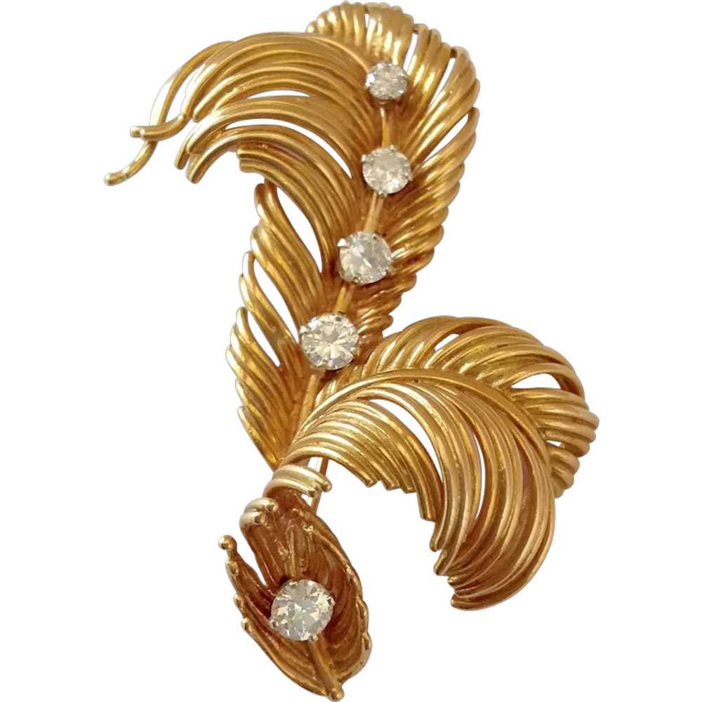 Diamond And 14k Gold Feather Pin - image 1