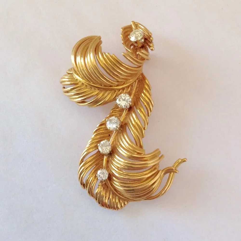 Diamond And 14k Gold Feather Pin - image 2