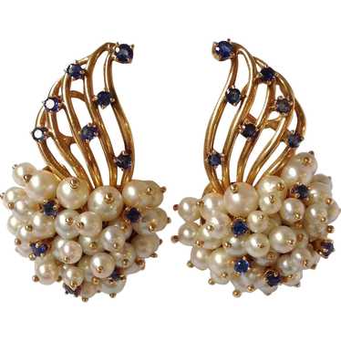 Sapphire And Pearl Retro Earrings 14k Gold 1940's - image 1