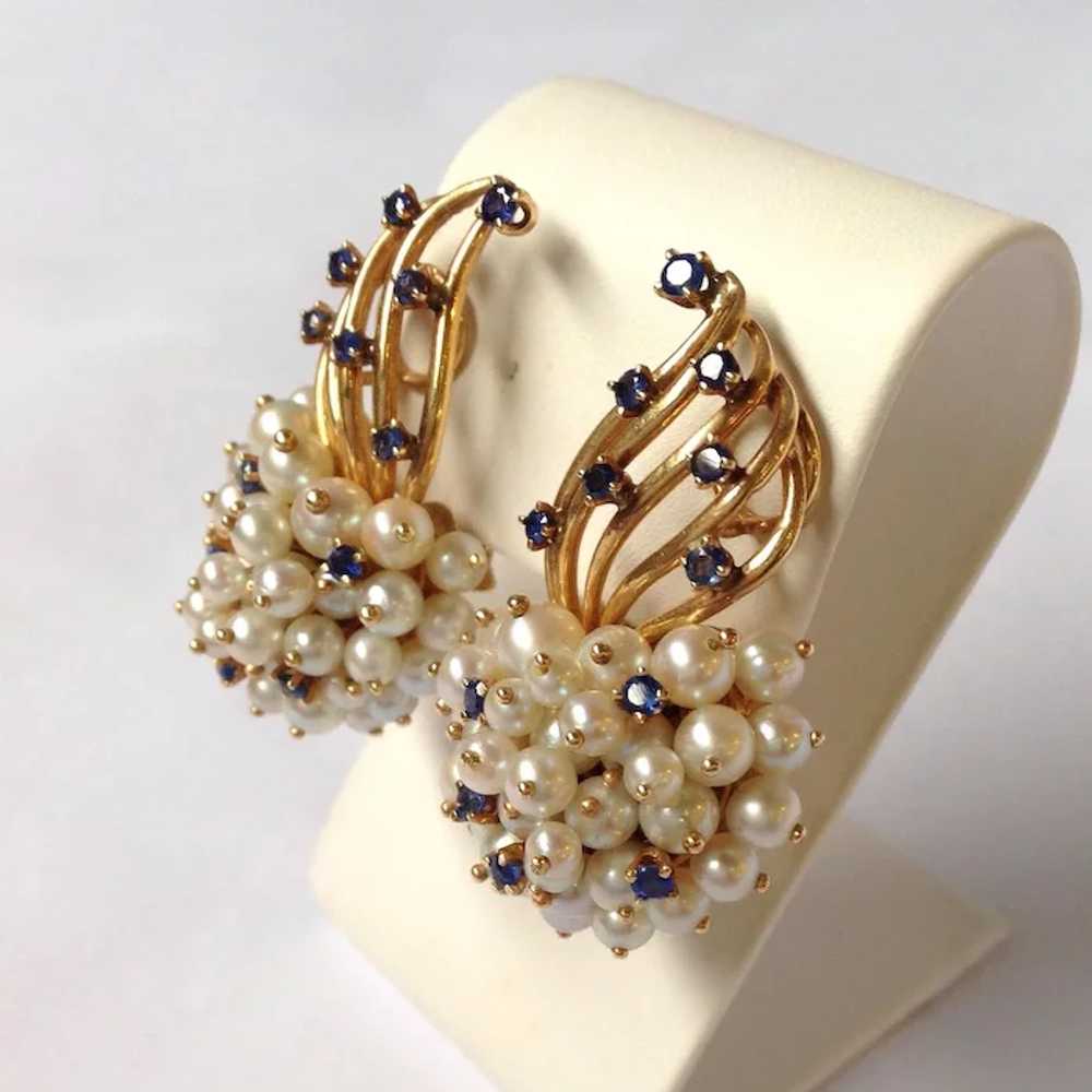 Sapphire And Pearl Retro Earrings 14k Gold 1940's - image 2