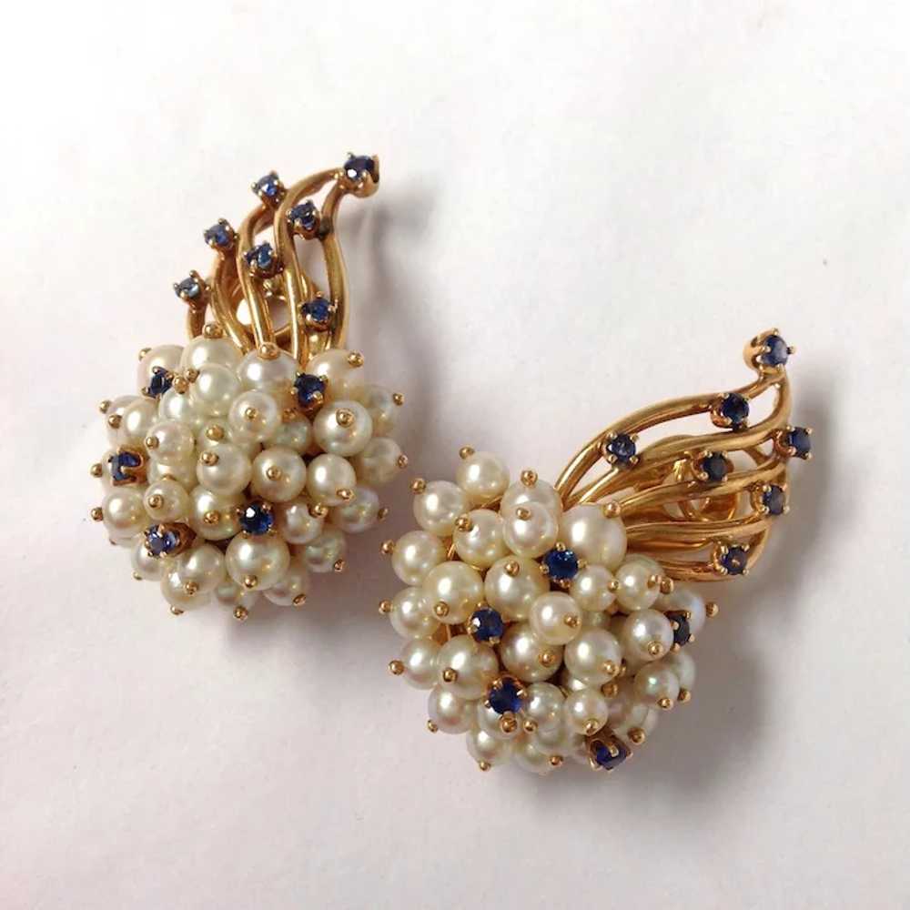 Sapphire And Pearl Retro Earrings 14k Gold 1940's - image 3