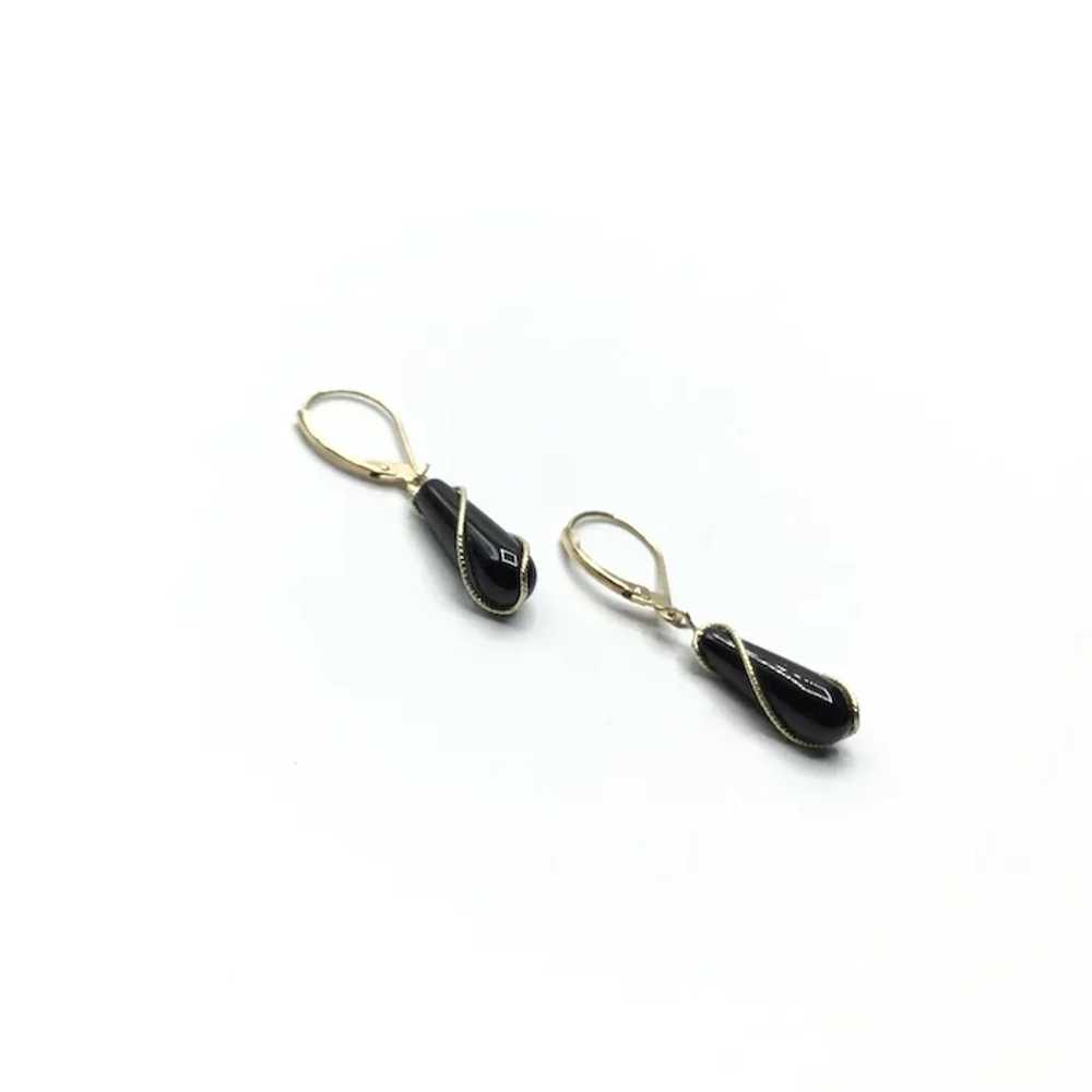 14K Gold Caged Black Onyx Dangle Earrings - image 2