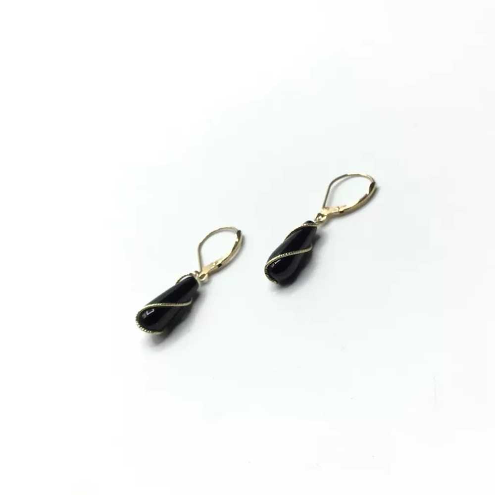 14K Gold Caged Black Onyx Dangle Earrings - image 3
