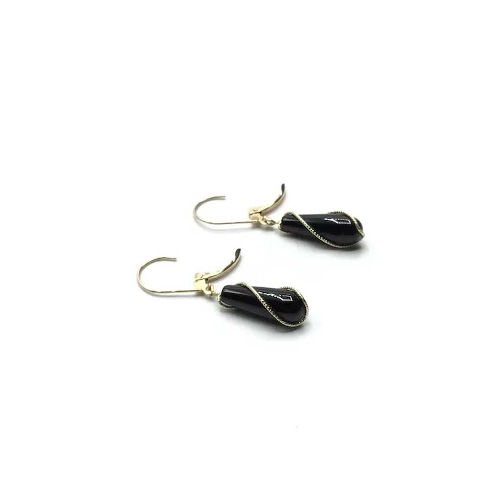 14K Gold Caged Black Onyx Dangle Earrings - image 4