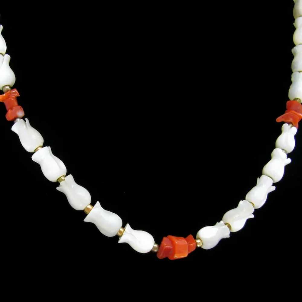 Vintage Mother of Pearl Tulip Beads & Red Coral N… - image 2