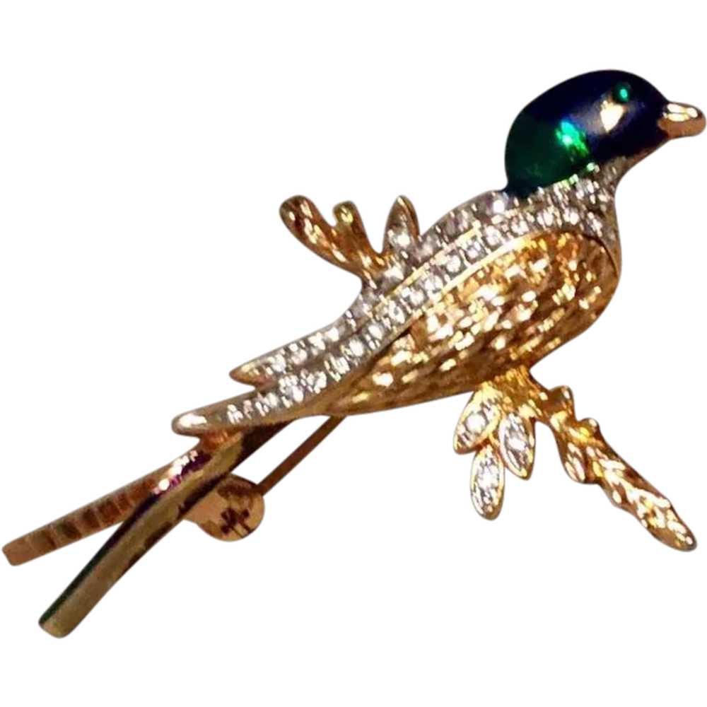 Figural Bird Rhinestone Enamel Brooch - image 1